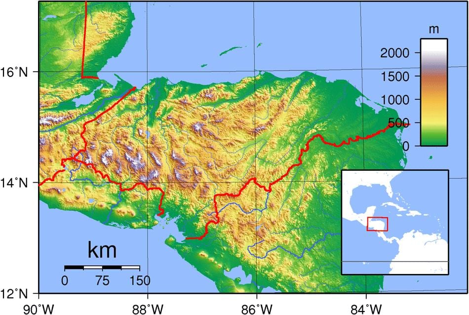 mappa topografica dell'Honduras