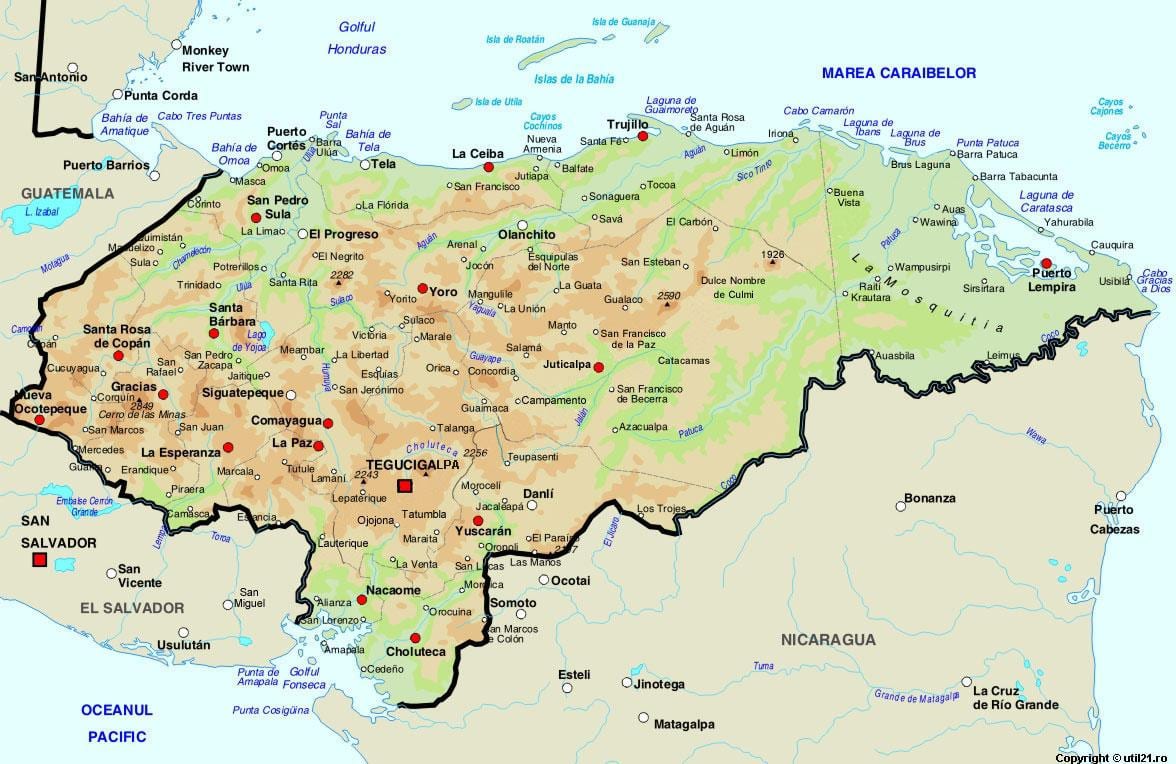 mappa dell'Honduras e nei paesi limitrofi,